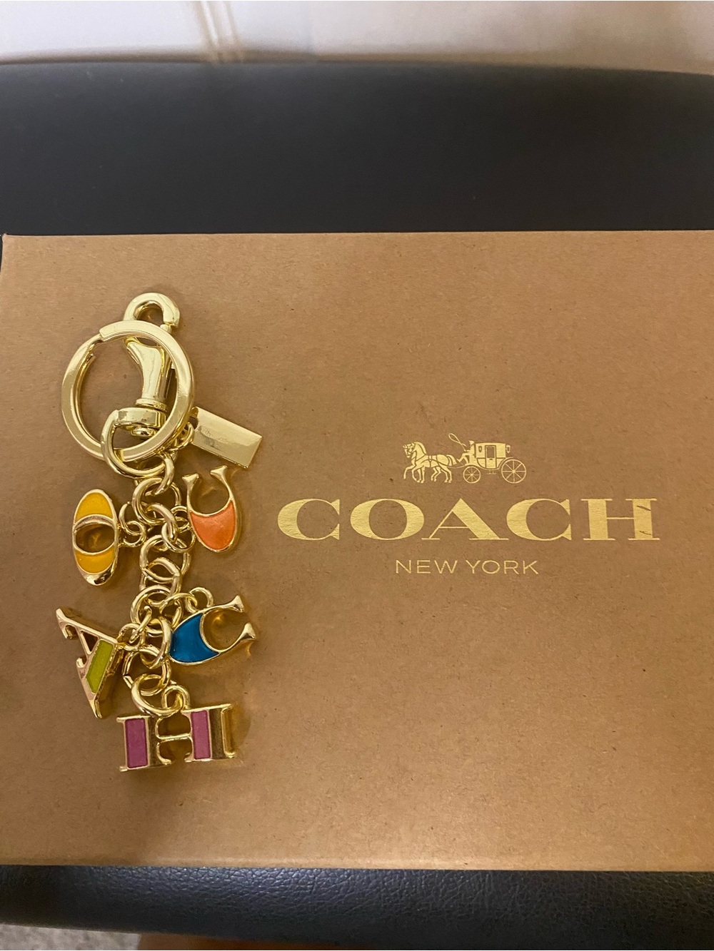 COACH Gold-Tone Multicolor Enamel Charm Keyring - Pink Orange Blue Green Purple